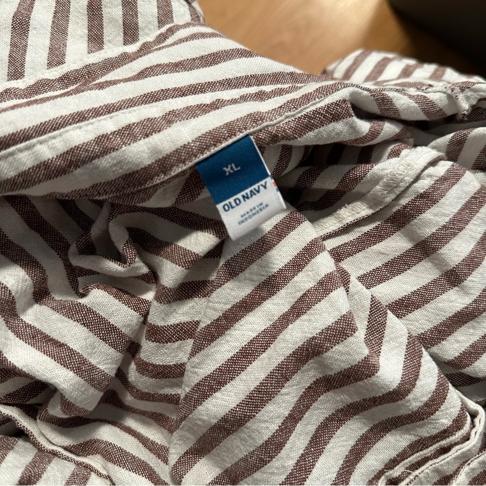 Old navy xl brown cream vertical stripe button up shirt dress pocket linen rayon - Picture 3 of 5